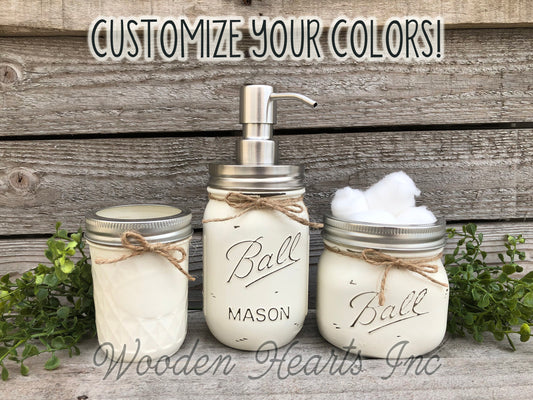 3 piece Mason JAR SET Bathroom Decor Soap Lotion Pump Makeup Brush Toothbrush Holder Ball - Wooden Hearts Inc