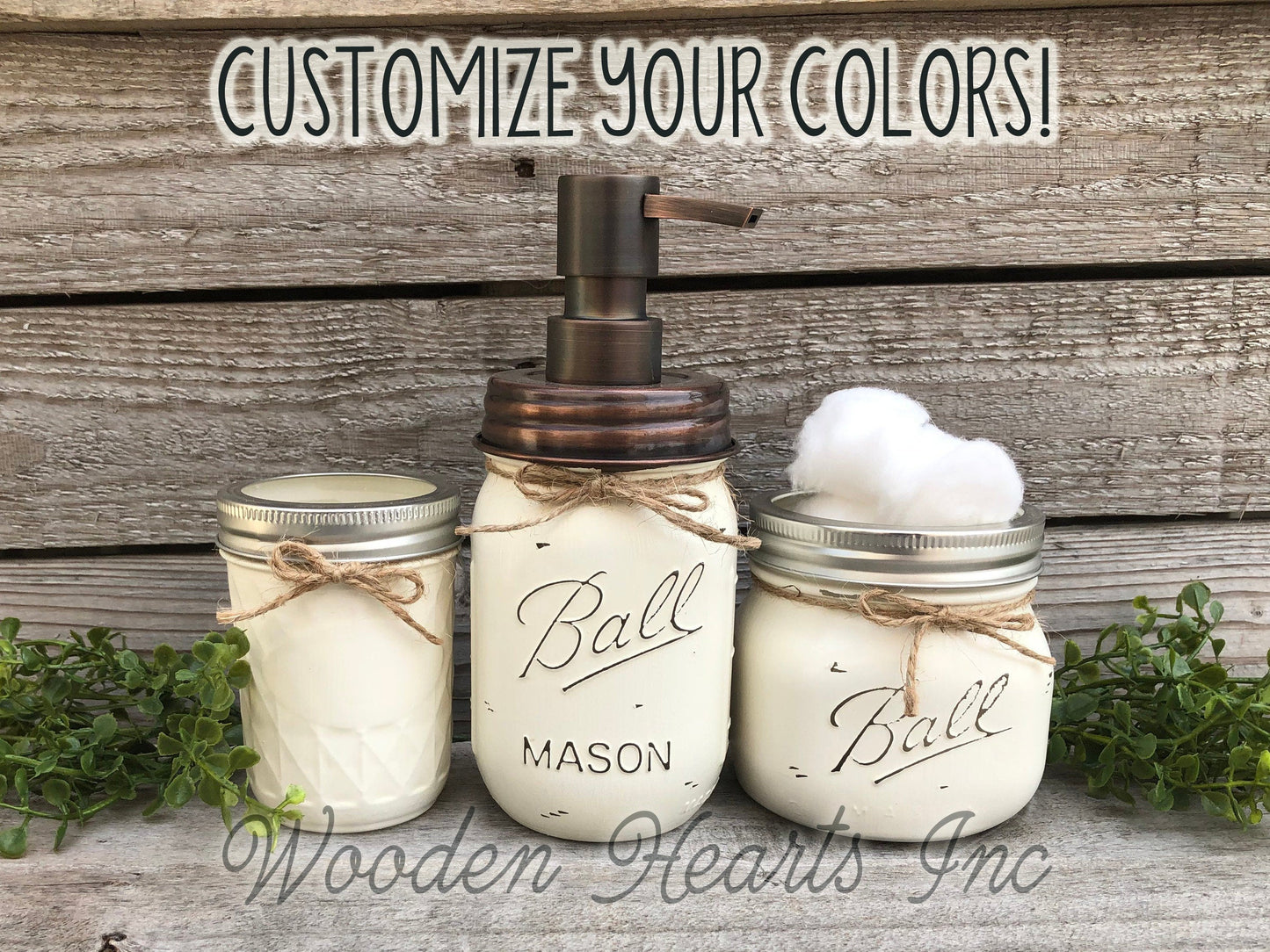 3 piece Mason JAR SET Bathroom Decor Soap Lotion Pump Makeup Brush Toothbrush Holder Ball - Wooden Hearts Inc