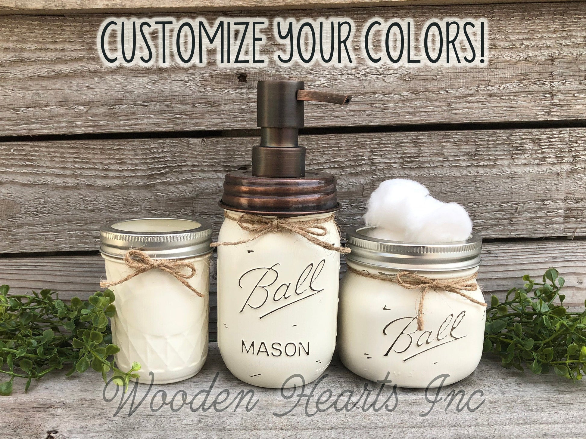3 piece Mason JAR SET Bathroom Decor Soap Lotion Pump Makeup Brush Toothbrush Holder Ball - Wooden Hearts Inc