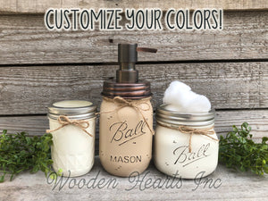 3 piece Mason JAR SET Bathroom Decor Soap Lotion Pump Makeup Brush Toothbrush Holder Ball - Wooden Hearts Inc