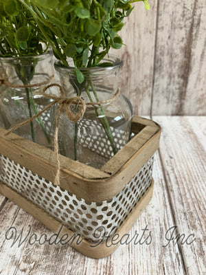 Centerpiece for Table *Farmhouse Tray with BURLAP BOW 3 glass bottle jars (Optional Greenery) - Wooden Hearts Inc