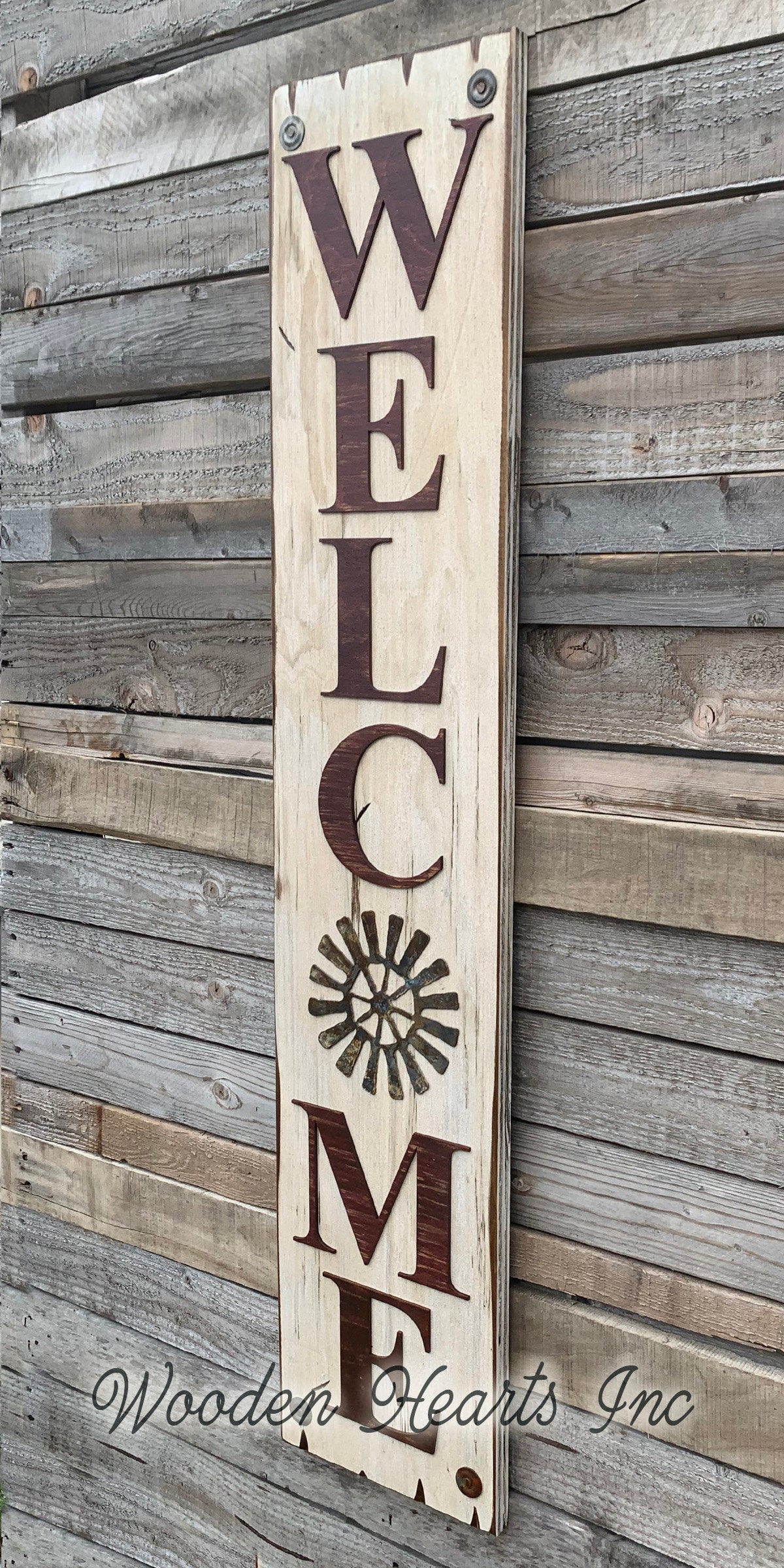 WELCOME Windmill Wall Sign  Farmhouse HOME Rustic Distressed Wood - Wooden Hearts Inc