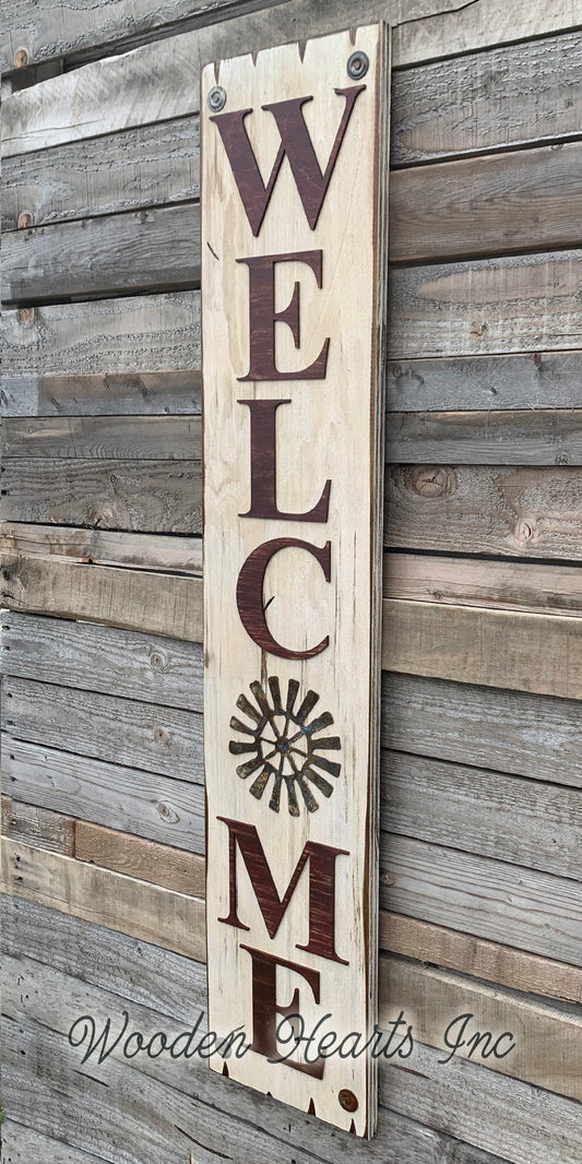 WELCOME Windmill Wall Sign  Farmhouse HOME Rustic Distressed Wood - Wooden Hearts Inc