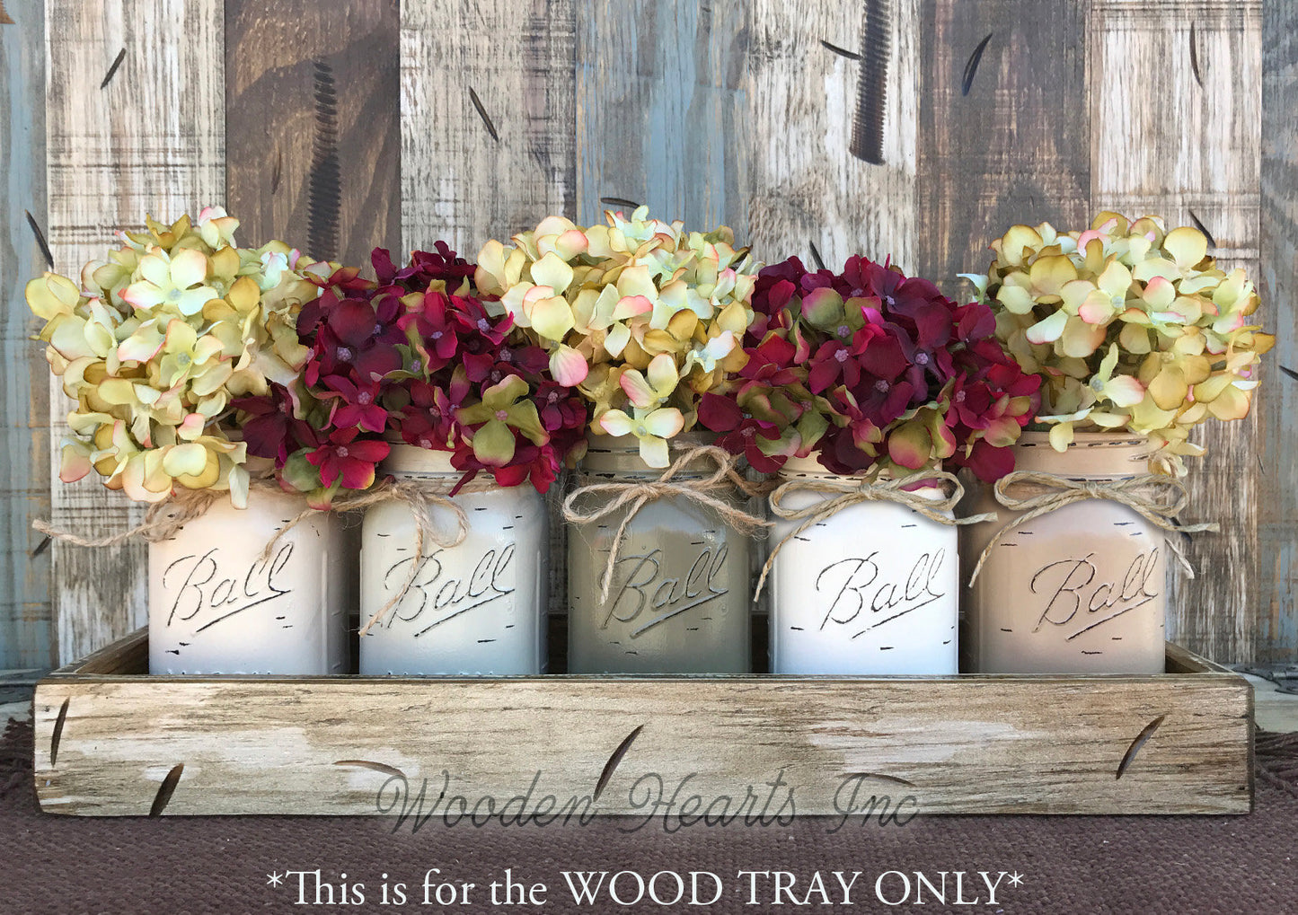 Centerpiece Large Wood TRAY ONLY with Handles (Fits 5 pint mason jars) Kitchen Table Decor - Wooden Hearts Inc