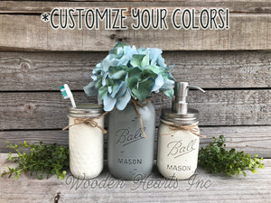 MASON Jar Bathroom 4 piece SET, Soap Pump Makeup Brush Flower Vase Toothbrush Holder Jars - Wooden Hearts Inc