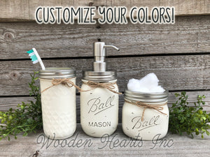 MASON JAR Bathroom Decor 3 piece SET, Soap Pump Makeup Brush Toothbrush Holder Jars - Wooden Hearts Inc