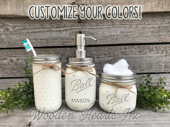 MASON JAR Bathroom Decor 3 piece SET, Soap Pump Makeup Brush Toothbrush Holder Jars