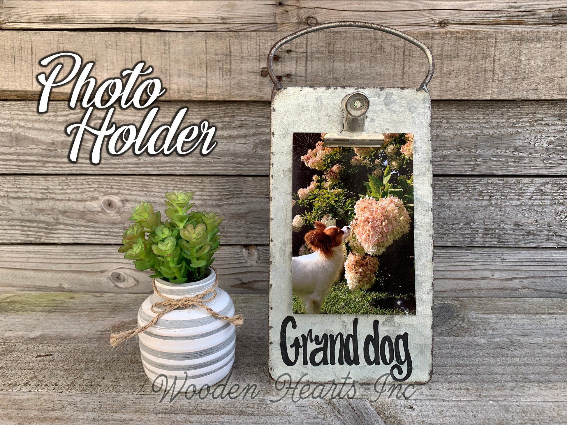 Grand dog PHOTO HOLDER Metal Antique Cheese Grater with Clip Picture Frame 4x6 Grand kids - Wooden Hearts Inc