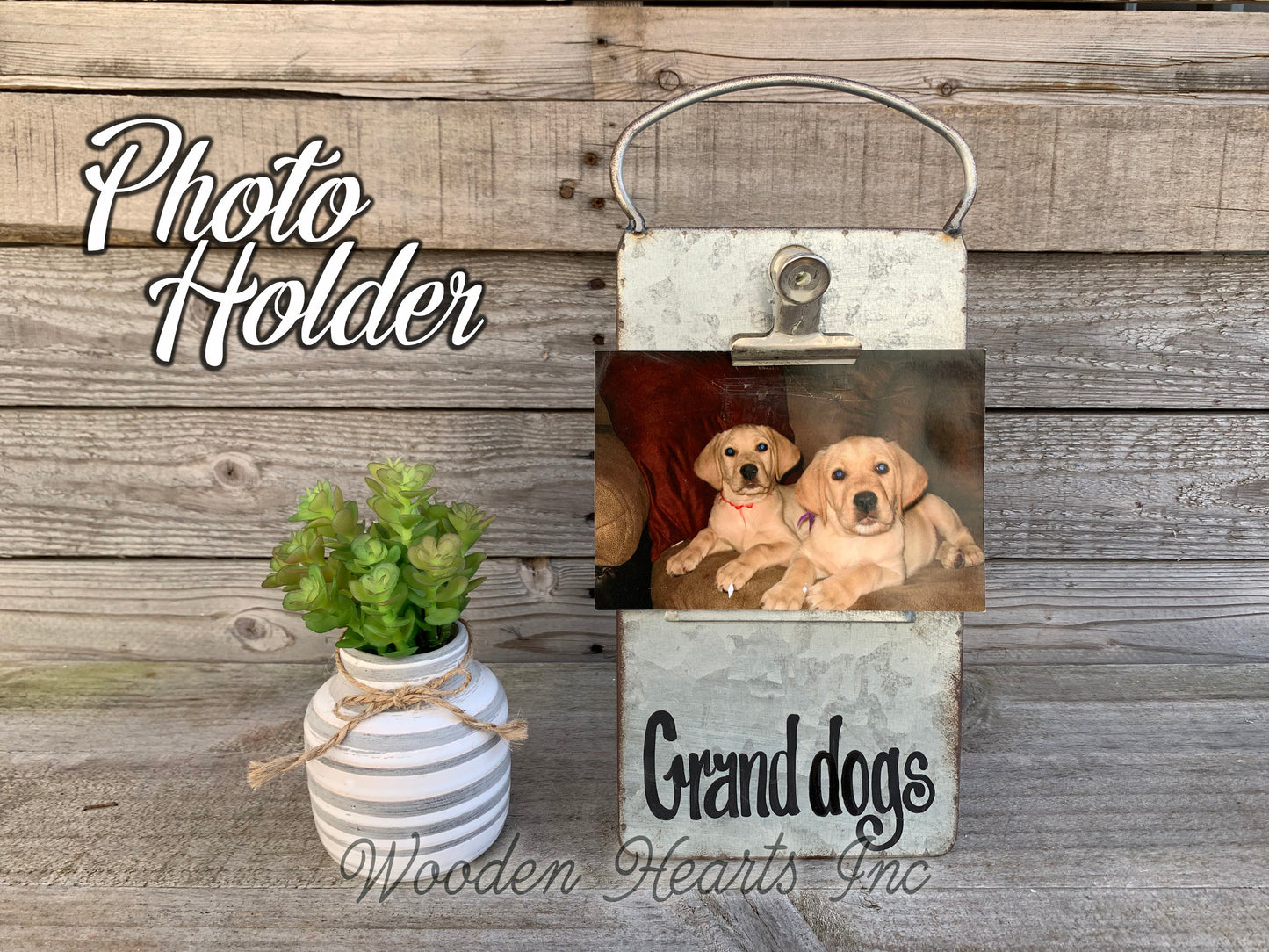 Dog PHOTO HOLDER Metal Antique Cheese Grater Picture Frame 4x6 Fur Baby Babies - Wooden Hearts Inc