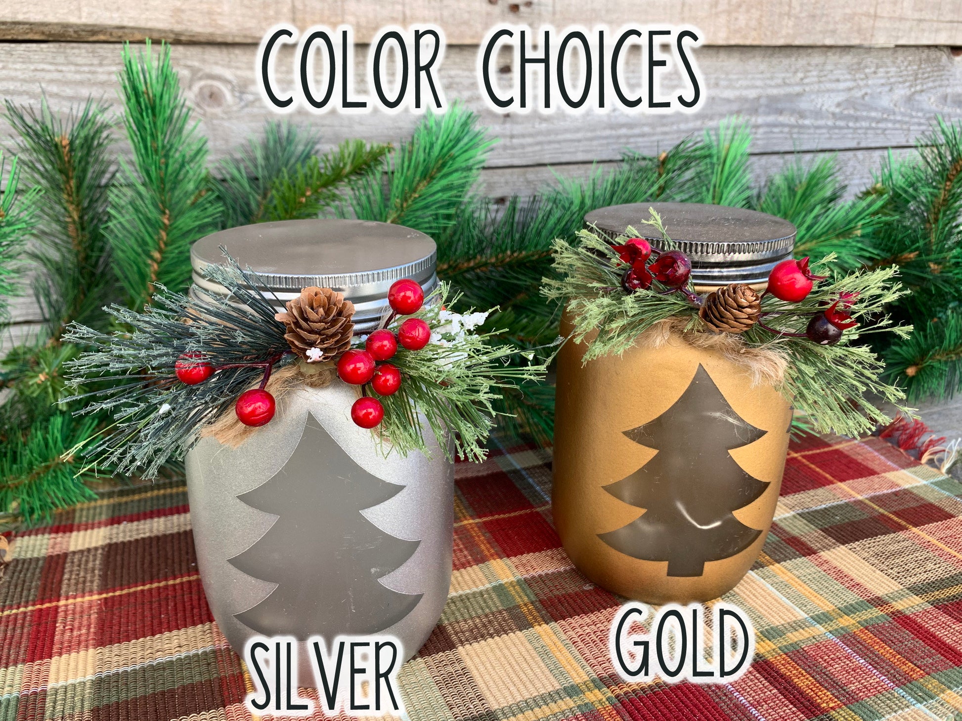 Christmas Jar Reindeer Snowflake Tree with Lid Lights Mason Silver Gold Quart Holiday Pine Berries - Wooden Hearts Inc