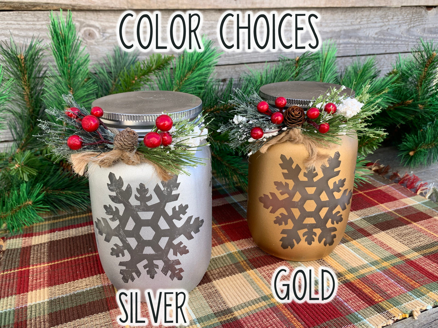 Christmas Jar Reindeer Snowflake Tree with Lid Lights Mason Silver Gold Quart Holiday Pine Berries - Wooden Hearts Inc