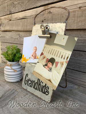 Grand dog PHOTO HOLDER Metal Antique Cheese Grater with Clip Picture Frame 4x6 Grand kids - Wooden Hearts Inc