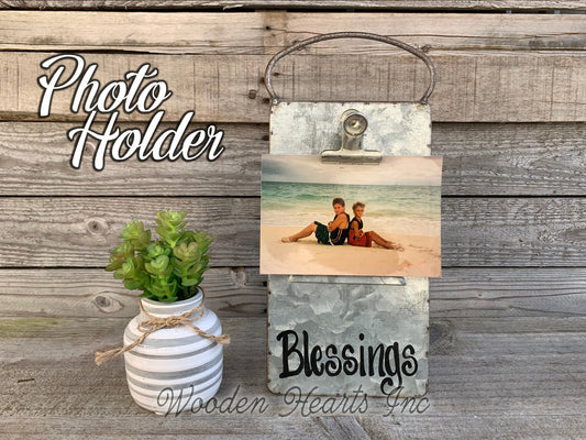 Blessings Sign PHOTO HOLDER Metal Antique Cheese Grater Standing Picture Frame  Family - Wooden Hearts Inc