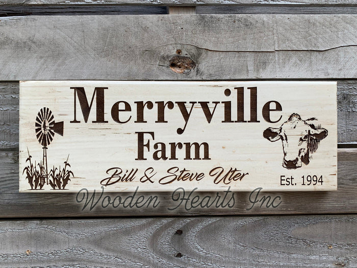 Engraved Farm Name PERSONALIZED Sign Est Year Wedding Gift Windmill Cow Farmhouse
