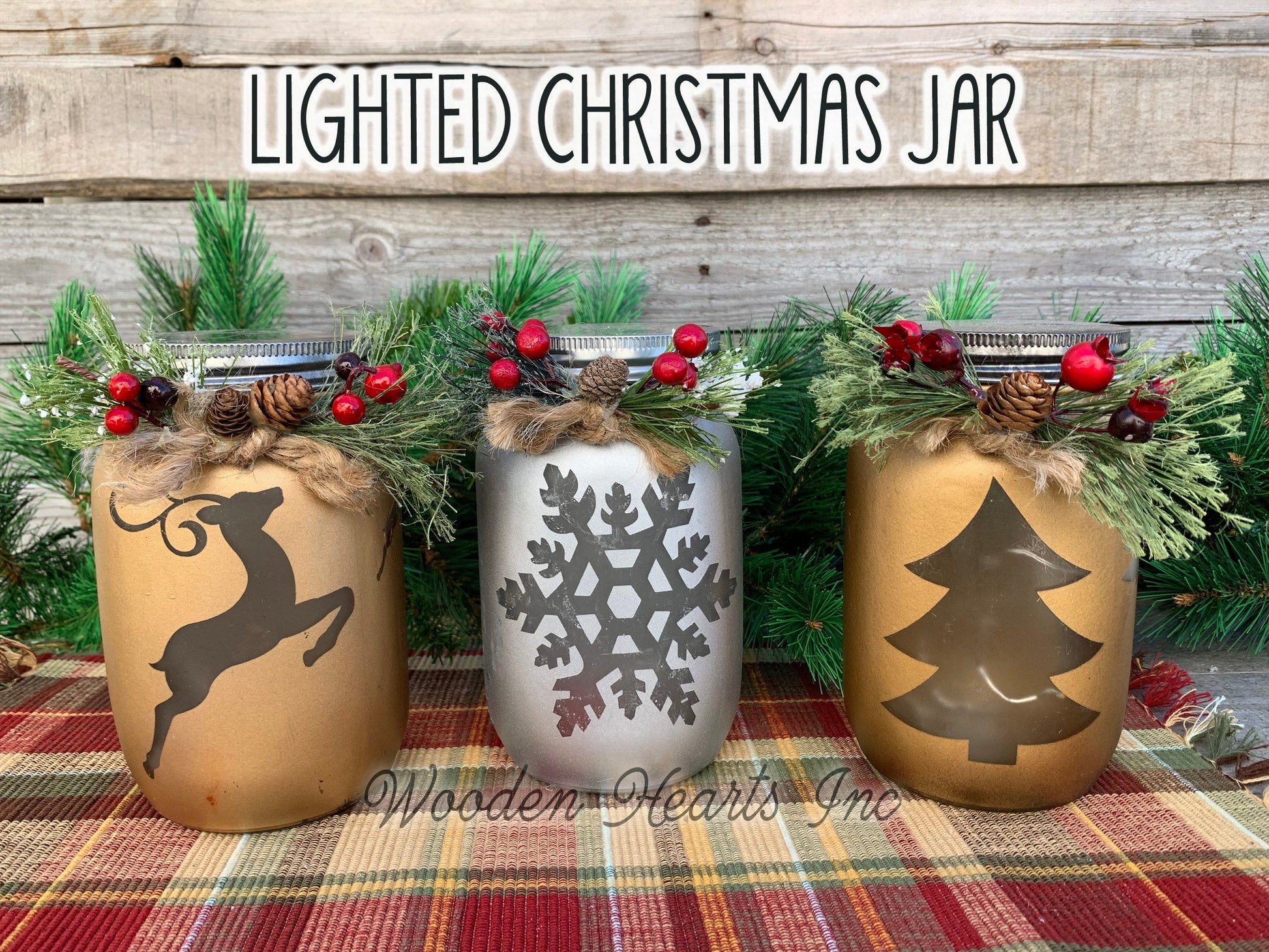 Christmas Jar Reindeer Snowflake Tree with Lid Lights Mason Silver Gold Quart Holiday Pine Berries - Wooden Hearts Inc
