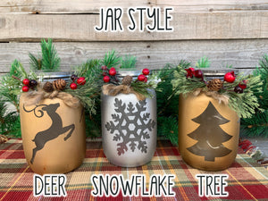 Christmas Jar Reindeer Snowflake Tree with Lid Lights Mason Silver Gold Quart Holiday Pine Berries - Wooden Hearts Inc