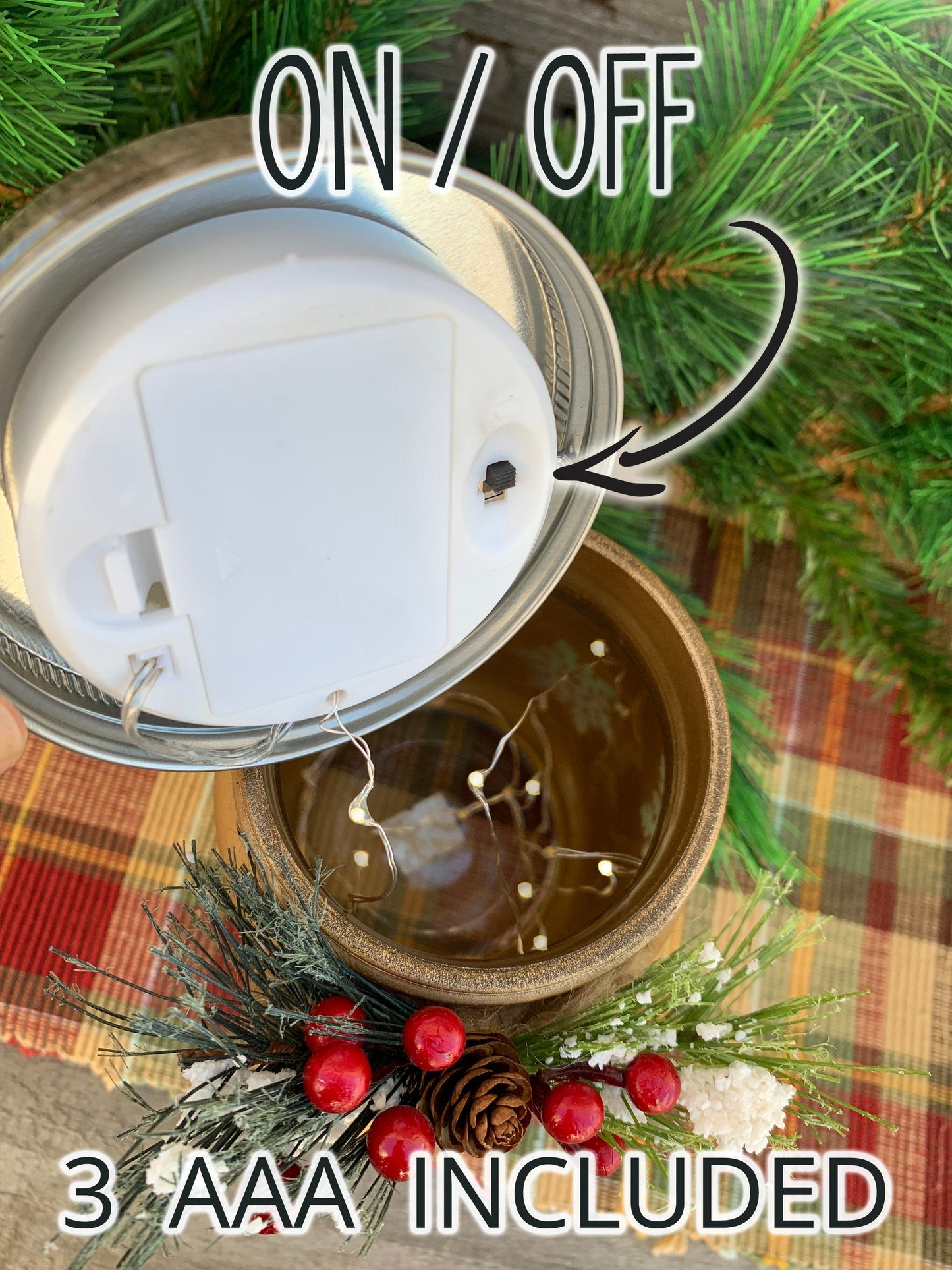 Christmas Jar Reindeer Snowflake Tree with Lid Lights Mason Silver Gold Quart Holiday Pine Berries - Wooden Hearts Inc