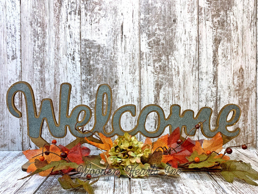 FALL DECOR Welcome Give Thanks Standing Cutout Word Sign Leaves Greenery Garland Thanksgiving - Wooden Hearts Inc