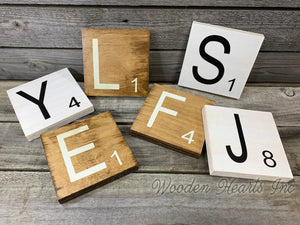 SCRABBLE TILE LETTER Decor Hanging Wood 5x5 *Get 1 letter, or Customize name  word  Block - Wooden Hearts Inc