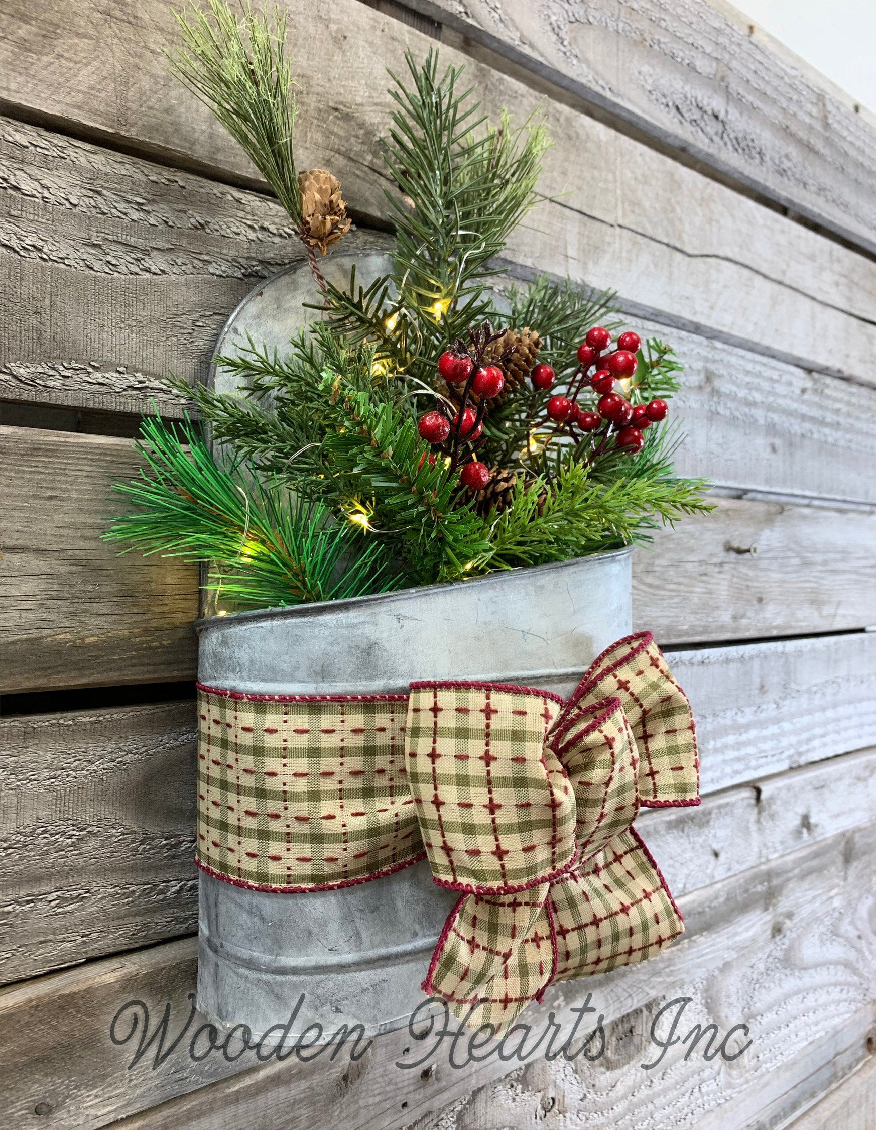 Christmas Wall Tin Pocket Galvanized Planter Metal Lighted Evergreen Hanging Decor Holiday - Wooden Hearts Inc