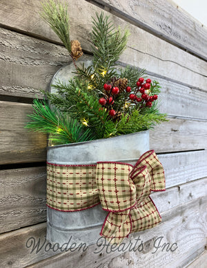 Christmas Wall Tin Pocket Galvanized Planter Metal Lighted Evergreen Hanging Decor Holiday - Wooden Hearts Inc