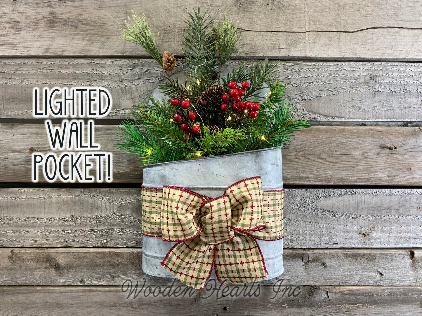 Christmas Wall Tin Pocket Galvanized Planter Metal Lighted Evergreen Hanging Decor Holiday - Wooden Hearts Inc