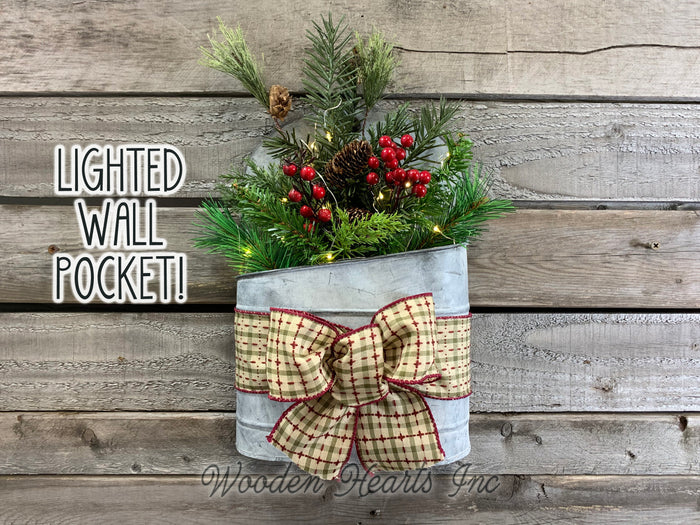 Christmas Wall Tin Pocket Galvanized Planter Metal Lighted Evergreen Hanging Decor Holiday