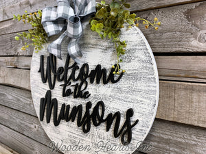 Personalized Door Hanger Welcome Wreath Custom Last Name 16" Round Sign Spring - Wooden Hearts Inc