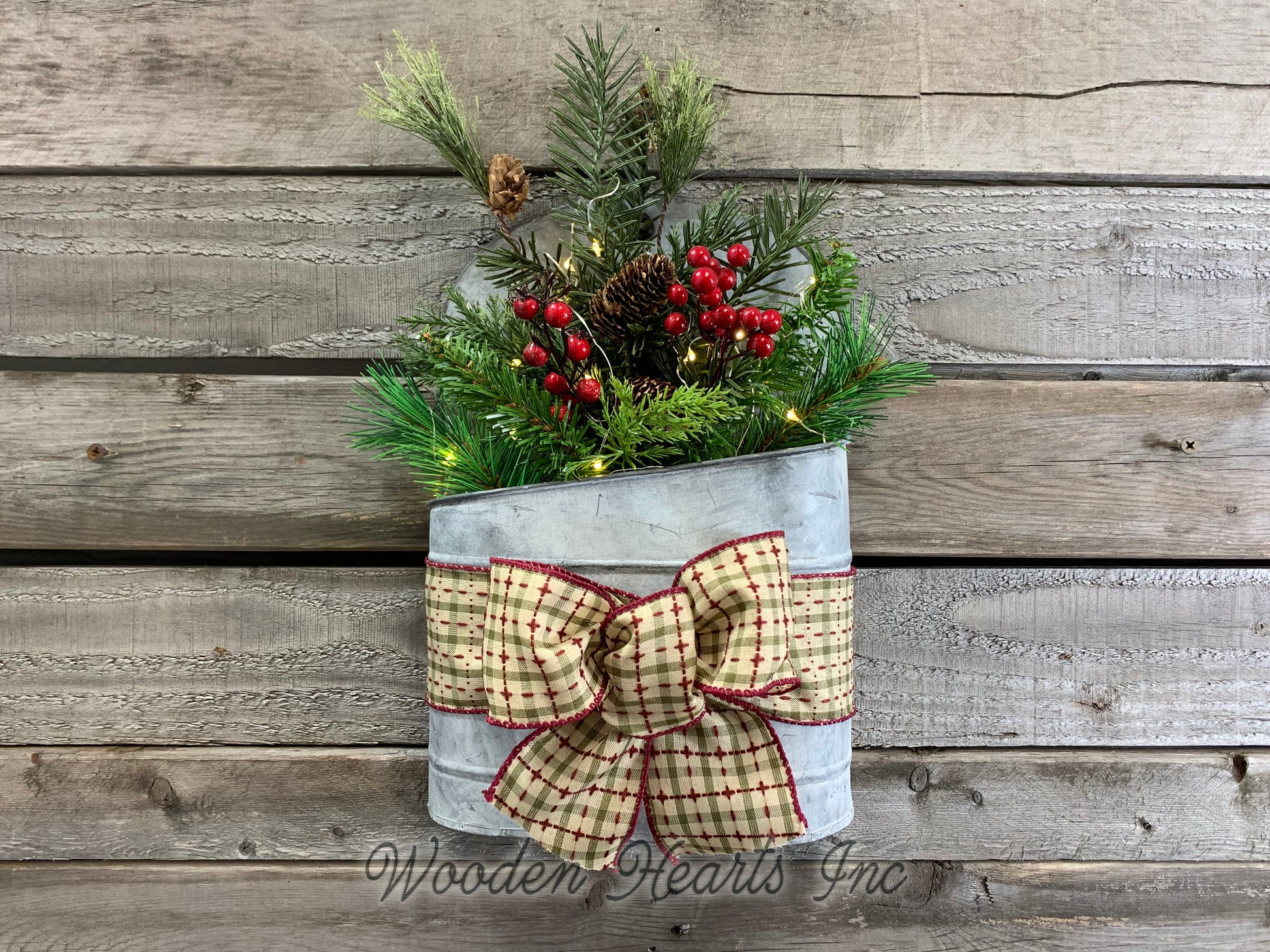 Christmas Wall Tin Pocket Galvanized Planter Metal Lighted Evergreen Hanging Decor Holiday - Wooden Hearts Inc