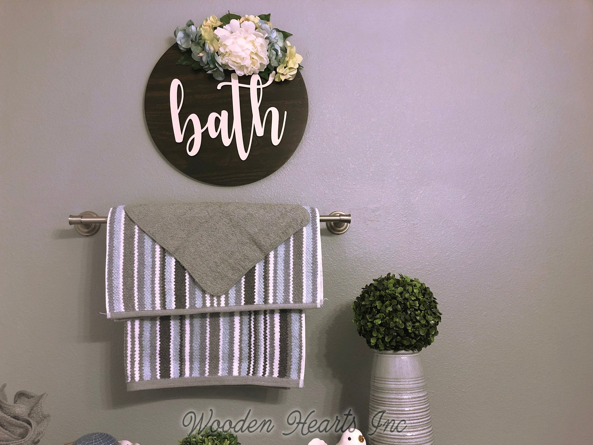 Bathroom Wall Decor BATH 16" Round Sign Spring Wreath with Flowers Door Decorations Peony Hydrangea - Wooden Hearts Inc