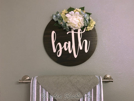 Bathroom Wall Decor BATH 16" Round Sign Spring Wreath with Flowers Door Decorations Peony Hydrangea - Wooden Hearts Inc