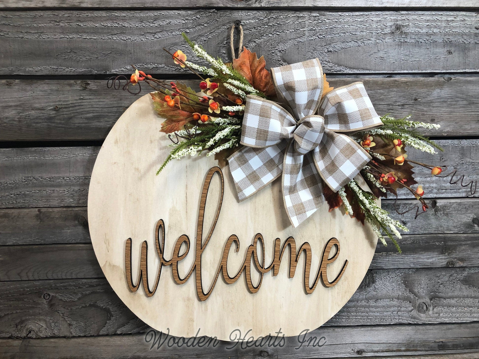 FALL Door hanger PUMPKIN sign Wreath WELCOME or Blessed Sign Wood 16" 3D  Bow Leaves - Wooden Hearts Inc