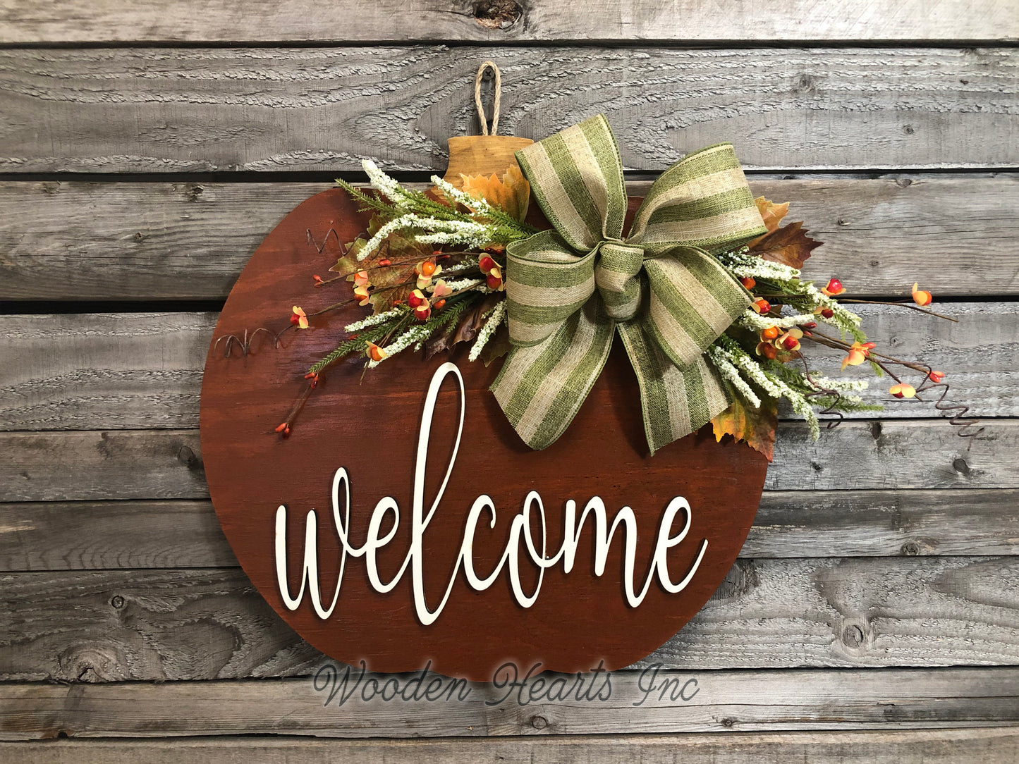 FALL Door hanger PUMPKIN sign Wreath WELCOME or Blessed Sign Wood 16" 3D  Bow Leaves - Wooden Hearts Inc