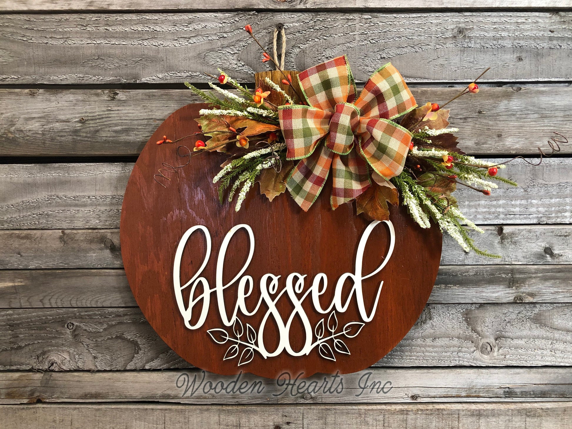 FALL Door hanger PUMPKIN sign Wreath WELCOME or Blessed Sign Wood 16" 3D  Bow Leaves - Wooden Hearts Inc