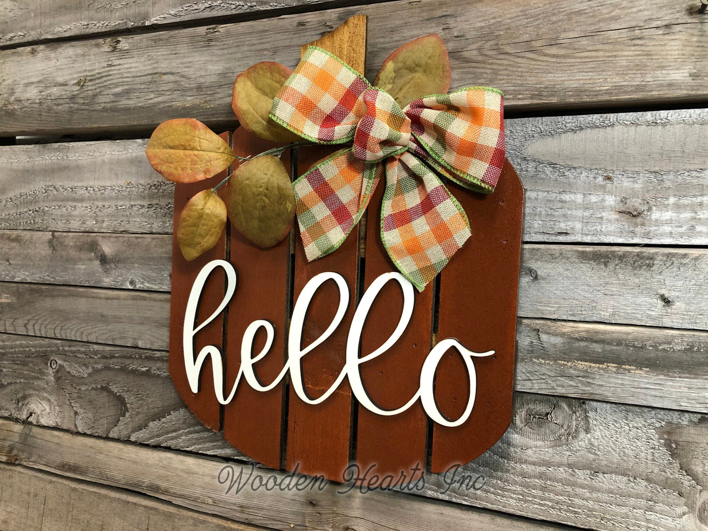 FALL Decor hanger Pallet PUMPKIN sign Wreath WELCOME or Hello Porch Wood 3D Bow Leaves - Wooden Hearts Inc