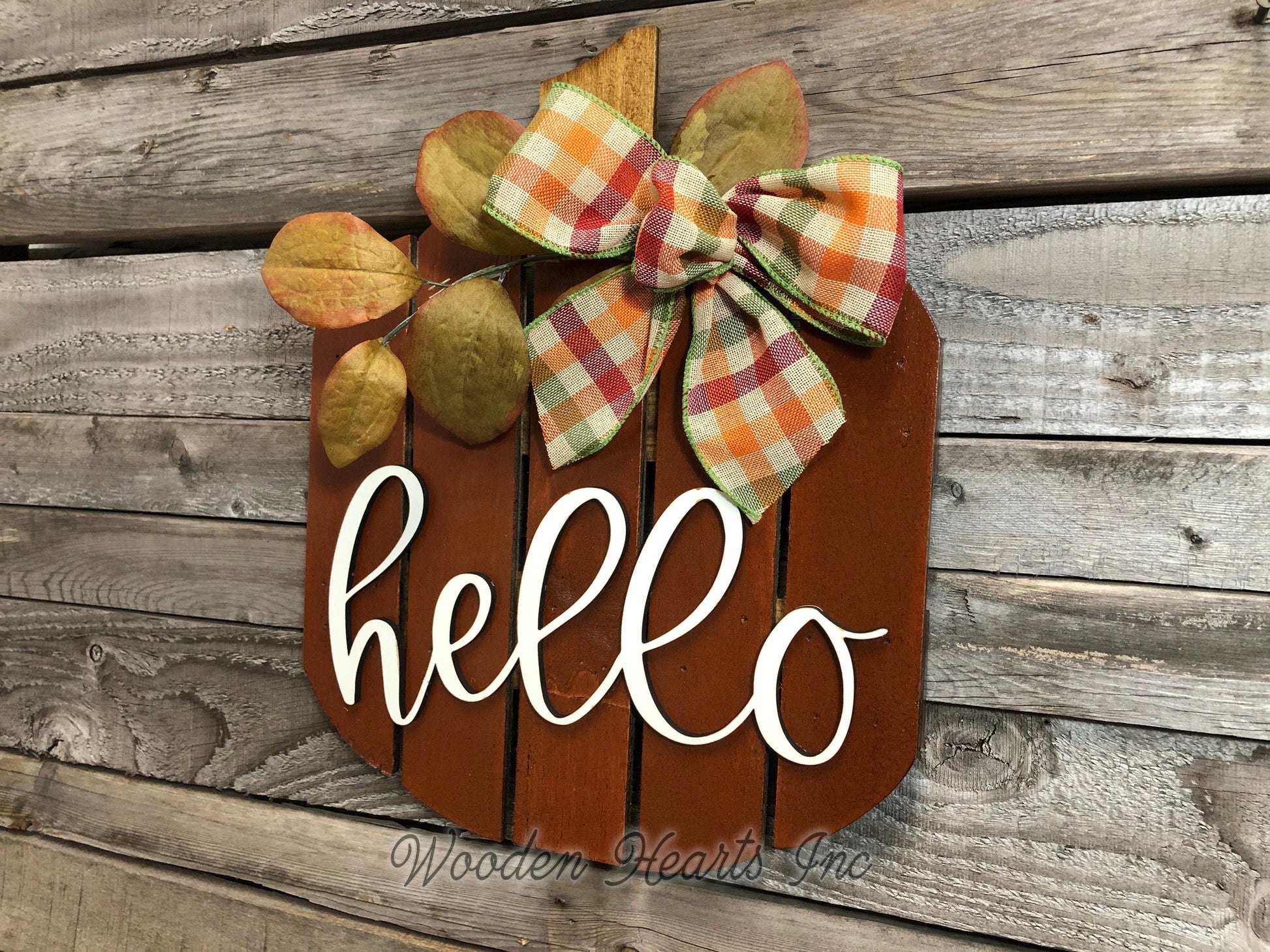 FALL Decor hanger Pallet PUMPKIN sign Wreath WELCOME or Hello Porch Wood 3D Bow Leaves - Wooden Hearts Inc