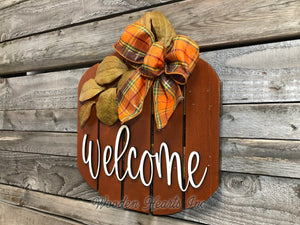 FALL Decor hanger Pallet PUMPKIN sign Wreath WELCOME or Hello Porch Wood 3D Bow Leaves - Wooden Hearts Inc