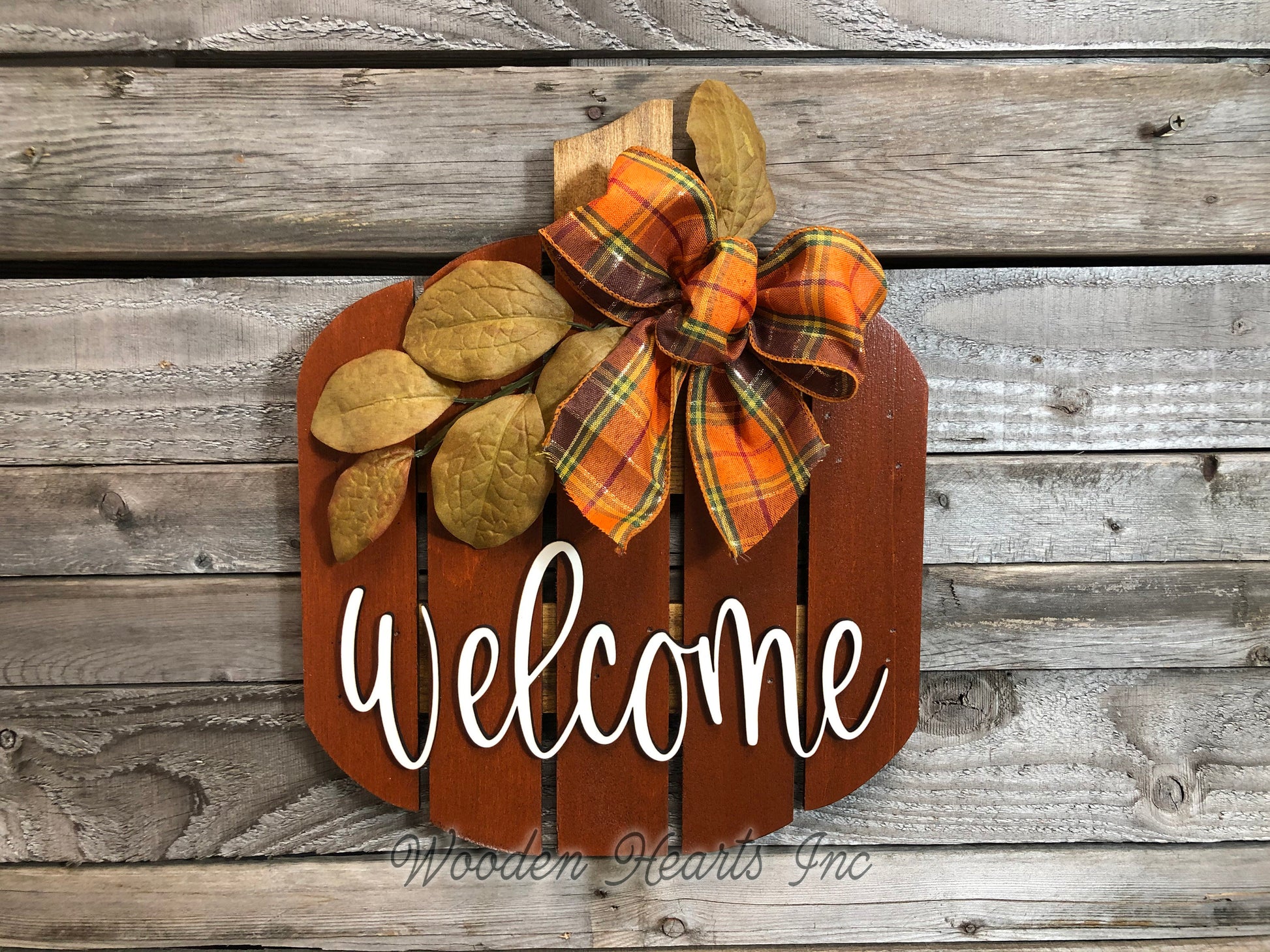 FALL Decor hanger Pallet PUMPKIN sign Wreath WELCOME or Hello Porch Wood 3D Bow Leaves - Wooden Hearts Inc
