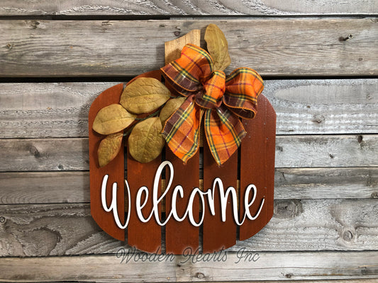 FALL Decor hanger Pallet PUMPKIN sign Wreath WELCOME or Hello Porch Wood 3D Bow Leaves - Wooden Hearts Inc
