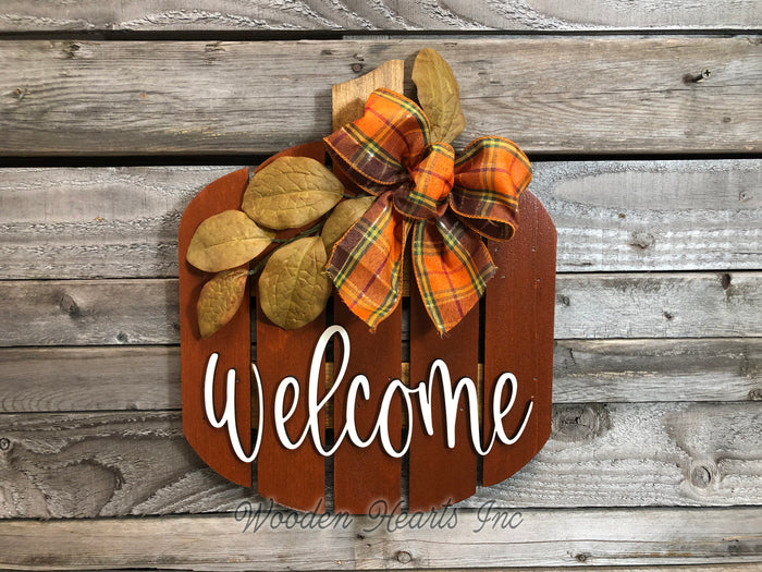 FALL Decor hanger Pallet PUMPKIN sign Wreath WELCOME or Hello Porch Wood 3D Bow Leaves