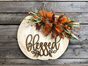 FALL Door hanger PUMPKIN sign Wreath WELCOME or Blessed Sign Wood 16" 3D  Bow Leaves - Wooden Hearts Inc