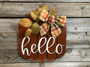 FALL Decor hanger Pallet PUMPKIN sign Wreath WELCOME or Hello Porch Wood 3D Bow Leaves - Wooden Hearts Inc