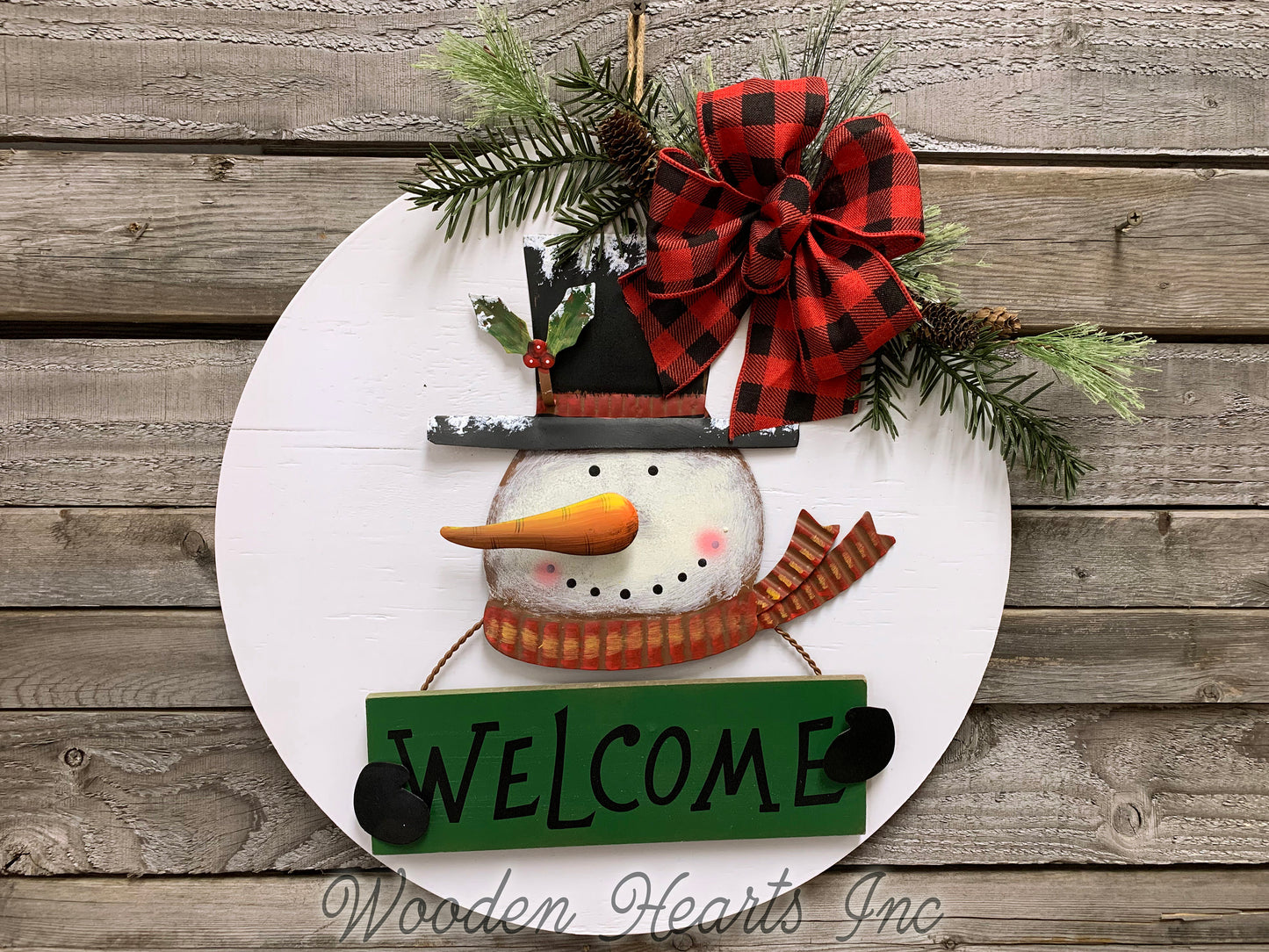 Snowman Welcome Christmas Holiday Door hanger Wreath Wood Sign, Believe, 16" 3D Wood Lettering - Wooden Hearts Inc