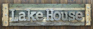 LAKE HOUSE Rustic Sign Reclaimed Shutter Industrial Metal Large Wall Cabin Gift Home Decor - Wooden Hearts Inc