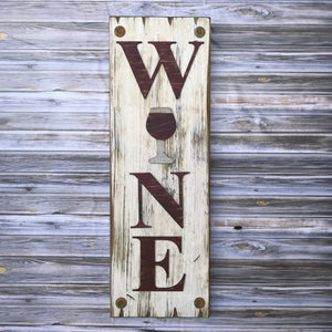 WINE Sign Vertical, Winery Home Decor, Rustic Distressed Wood *ANTIQUE WHITE, RED Letters - Wooden Hearts Inc
