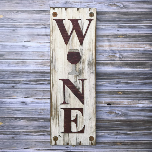 WINE Sign Vertical, Winery Home Decor, Rustic Distressed Wood *ANTIQUE WHITE, RED Letters - Wooden Hearts Inc