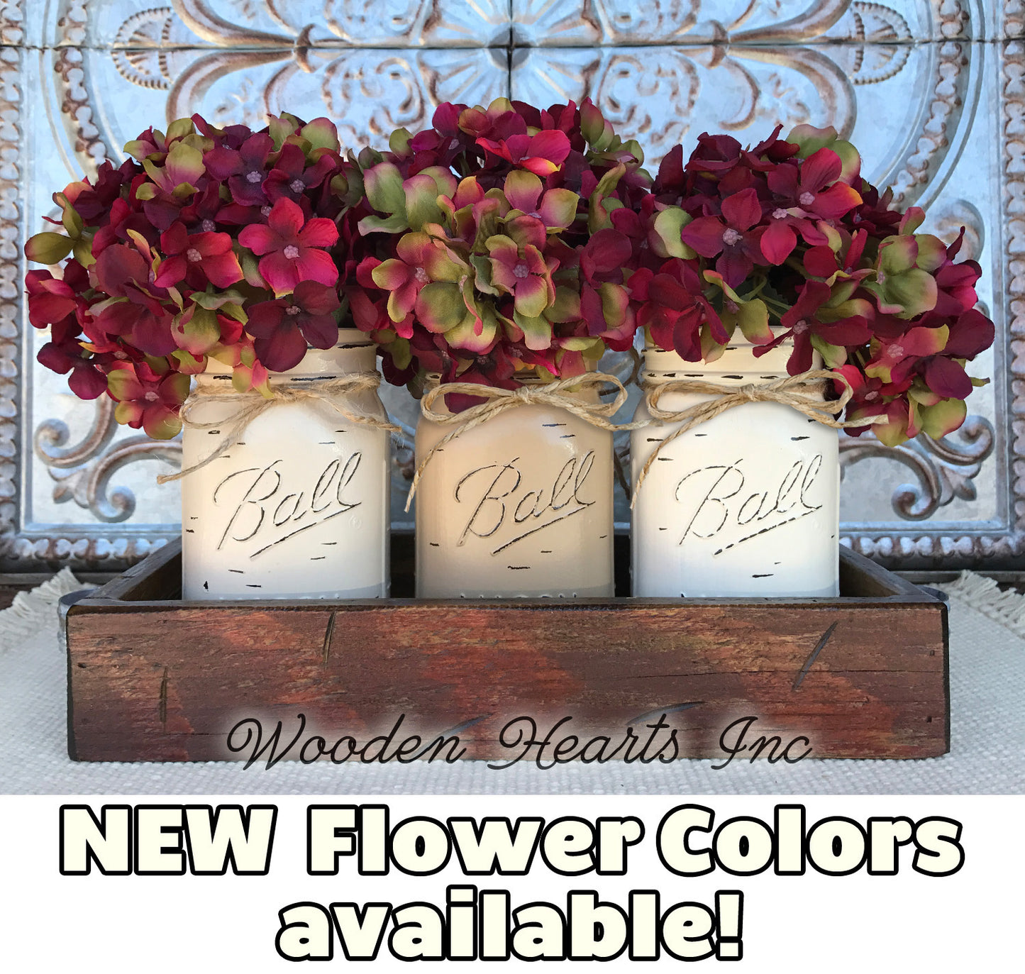 MASON Jar Decor Table Centerpiece Wood TRAY + 3 Ball Pint Jars Distressed (Flowers optional) - Wooden Hearts Inc