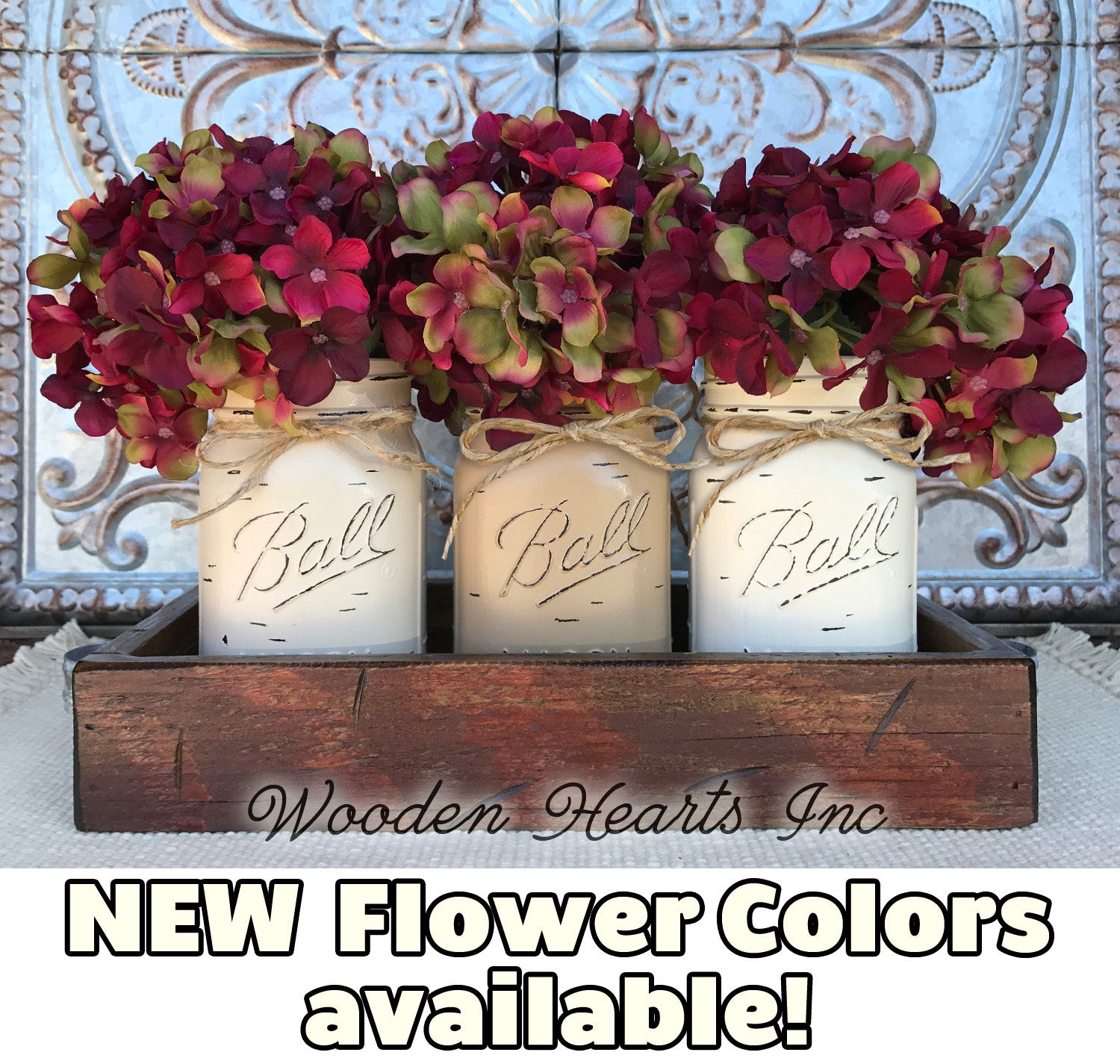 MASON Jar Decor Table Centerpiece Wood TRAY + 3 Ball Pint Jars Distressed (Flowers optional) - Wooden Hearts Inc