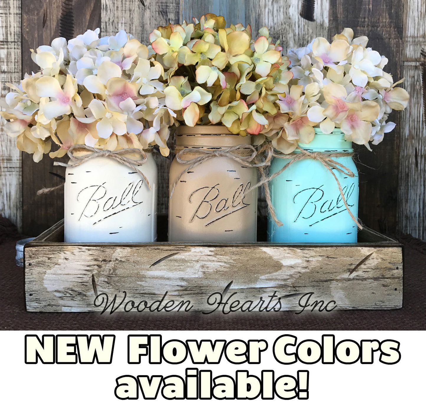 MASON Jar Decor Table Centerpiece Wood TRAY + 3 Ball Pint Jars Distressed (Flowers optional) - Wooden Hearts Inc