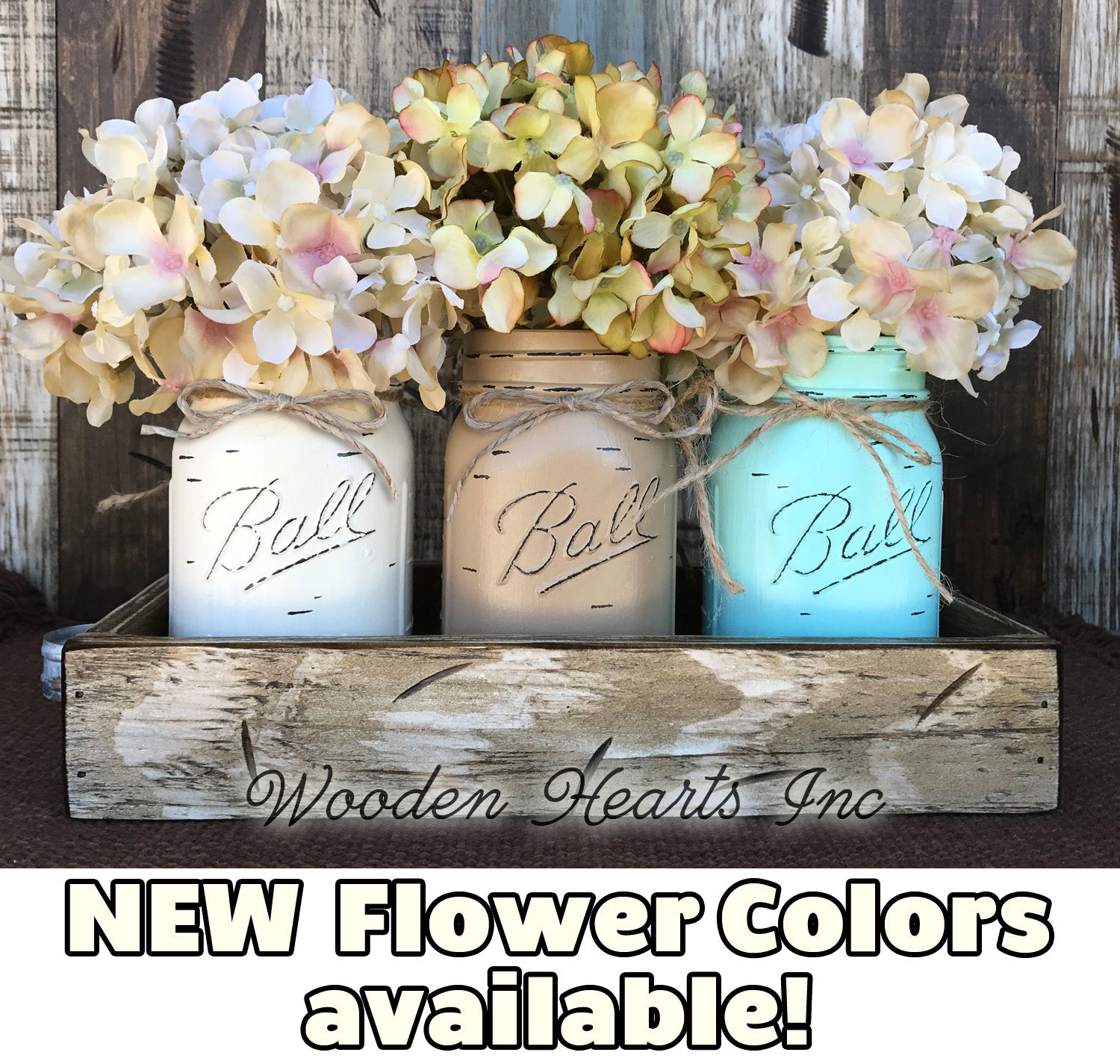 MASON Jar Decor Table Centerpiece Wood TRAY + 3 Ball Pint Jars Distressed (Flowers optional) - Wooden Hearts Inc